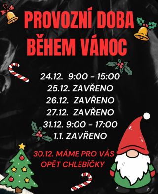 🎄 PROVOZNÍ DOBA BĚHEM VÁNOC JE VENKU! Mrkni na naši grafiku a naplánuj si návštěvu tak, ať si ulovíš, co potřebuješ. ✨...